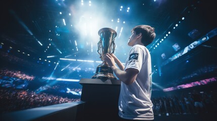 Professional gamer winner and lift the trophy for champions league, E-sport and tournament, Celebrate for champions - obrazy, fototapety, plakaty