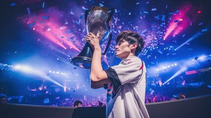 Professional gamer winner and lift the trophy for champions league, E-sport and tournament, Celebrate for champions