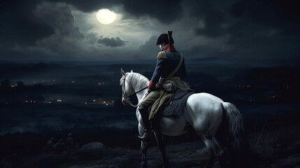 Napoleon from behind on a white horse looks down on the battlefield at night