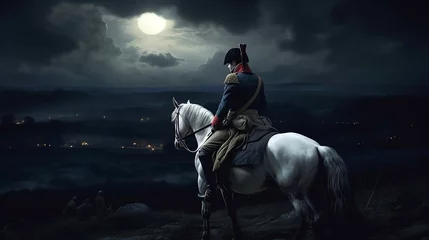 Fotobehang Napoleon from behind on a white horse looks down on the battlefield at night © Massimo Todaro