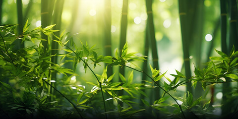 green grass and sun rays with Bamboo Jungle , Nature View Background with Fresh Bamboo Leaves in Forest with generative ai
