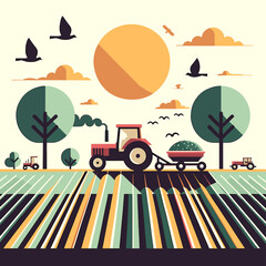 Tractor Plowing Field Vector Design