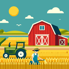 Farmer in Field with Red Barn Vector Design