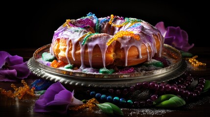 A vibrant King Cake, symbolizing Mardi Gras traditions