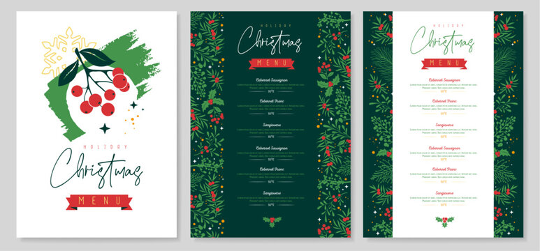 Restaurant Christmas holiday menu design with christmas floral  desoration. Vector illustration