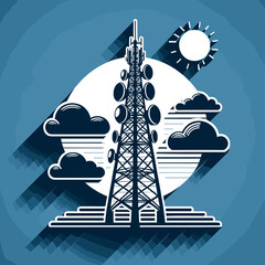 Telecom Tower with Sun and Clouds Vector Design