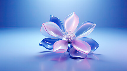  a blue and pink flower on a blue surface with a blue background.  generative ai