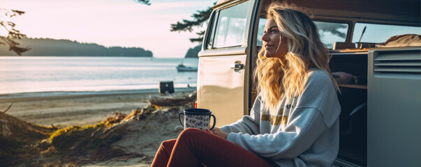 Happy woman drinking coffee in nature near her caravan. Woman at adveture. Panoramatic view at sunset from campervan. - Powered by Adobe