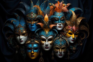 An exquisite collection of elaborate and mysterious Mardi Gras masks  - obrazy, fototapety, plakaty