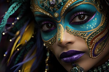 A charismatic and theatrical portrayal of an elegant lady with a Mardi Gras mask