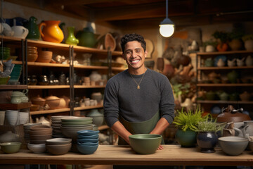 A smiling salesman in a ceramics store. Small business, own production. - obrazy, fototapety, plakaty