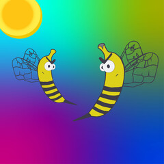 An illustration of 2 angry banans with wings on a bright triple gradient background