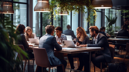 Mixed group of diverse company business people meeting and discussion around a table. Business team analyzing financial data inside modern meeting room. Generative AI - obrazy, fototapety, plakaty