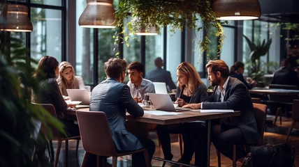 Foto op Canvas Mixed group of diverse company business people meeting and discussion around a table. Business team analyzing financial data inside modern meeting room. Generative AI © Ibnu