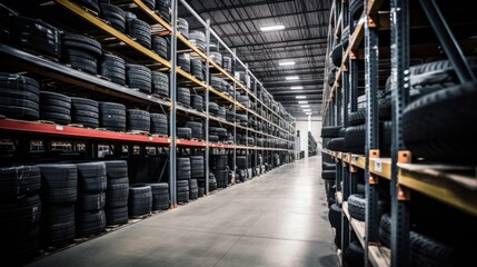 Fototapeta premium Car tires storage room at car tires service shop, warehouse and storage room
