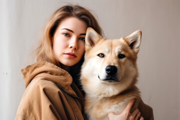 girl with a dog on a light background
