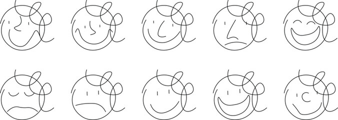 Abstract cartoon people character design comic Faces with various Emotions. Trendy expression face crayon drawing style, empty speech bubbles, black characters people flat hand drawing. Characters