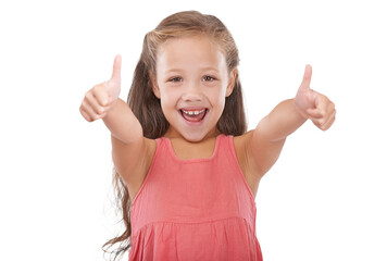 Happy young girl, portrait and thumbs up for winning, good job or success isolated on a transparent PNG background. Female person, child or kid smile with like emoji, yes sign or OK for thank you