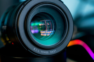 Macro camera lens,Photo Camera or Video lens close-up on black background DSLR objective - obrazy, fototapety, plakaty
