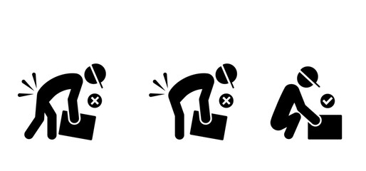 Correct object lifting icon. Stick figure person lifting heavy or picking up big box, showing correct and incorrect posture. Incorrect standing or safe work posture or attitude.