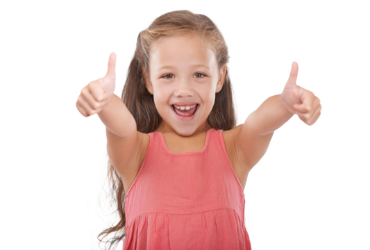Happy young girl, portrait and thumbs up for winning, good job or success isolated on a transparent PNG background. Female person, child or kid smile with like emoji, yes sign or OK for thank you