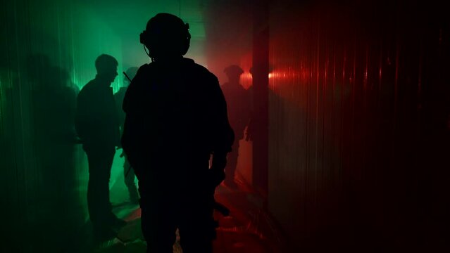 soldiers inspecting building seized by terrorists, special military operation, assault squad