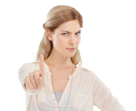 Woman, portrait and warning with pointing stop, no or rejection for feedback or review isolated on png transparent background. Person, face and hand gesture for disagreement, angry or decision