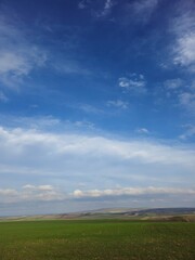 A grassy field with clouds in the sky