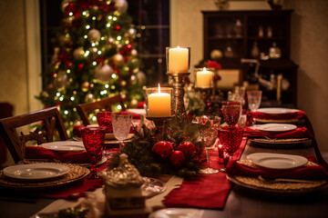 Elegant beautiful table setting to Christmas eve, New year celebrations against decorated Christmas tree in living room