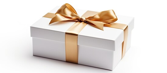 A white gift box with a label and a ribbon neatly tied around it viewed from above The object is placed on a white background and has a subtle shadow and a boundary outlined for easy separa - obrazy, fototapety, plakaty