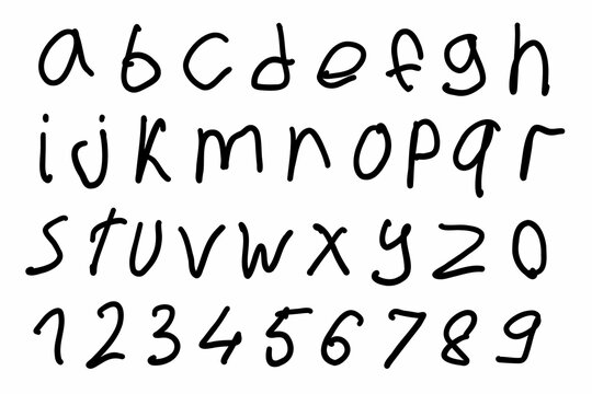 Child written scribble black english alphabet abc latin font A to Z and digits 0 to 9 set. Vector illustration in doodle hand drawn style isolated on white background. For card, learning, naming.