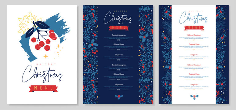 Restaurant Christmas holiday menu design with christmas floral  desoration. Vector illustration