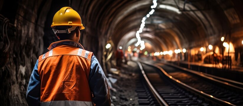Fototapeta Tunnel worker during construction at tunnel railway underground construction