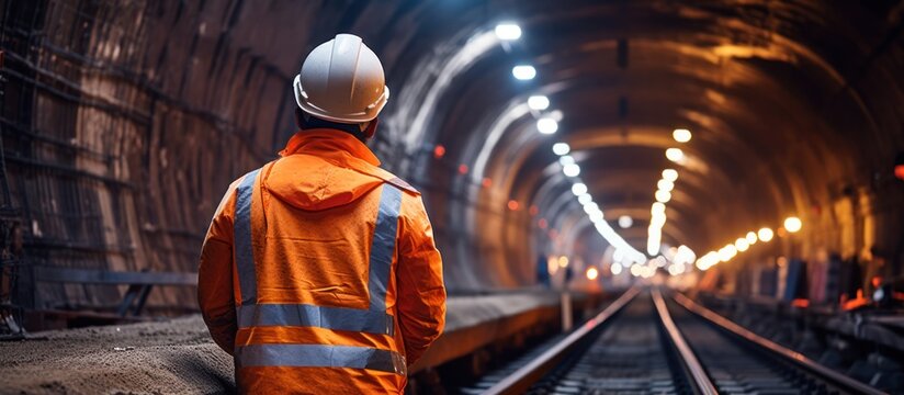 Fototapeta Tunnel Engineer during construction at tunnel railway underground construction