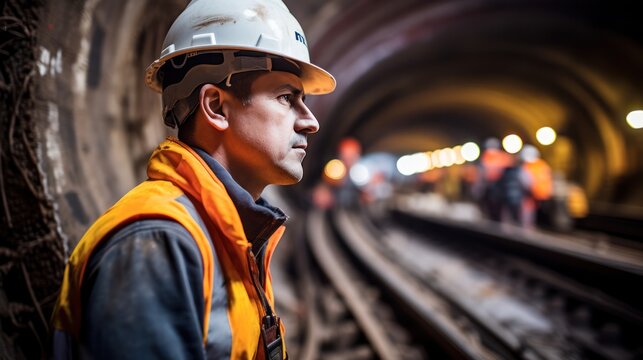 Fototapeta Tunnel Engineer during construction at tunnel railway underground construction