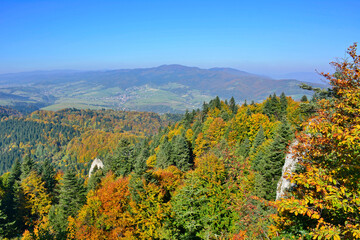Beautiful  view of the Pieniny National Park and Gorce mountains in sunny autumn day from  Three...