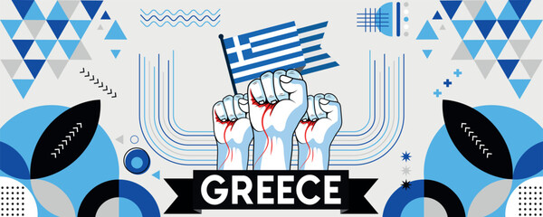 Greece national or independence day banner for country celebration. Flag and map of Greek with raised fists. Modern retro design with typorgaphy abstract geometric icons. Vector illustration.