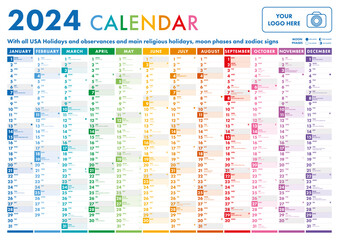 Year planner, 2024 calendar with monthly vertical grid in rainbow colors. Template planner for schedule, events and holidays. Vector business organizer, calendar - 672318881