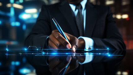 Businessman is doing data research using a hologram screen. Holographic economic chart, global economic trend analysis, financial graph analysis on virtual screen. Generative AI