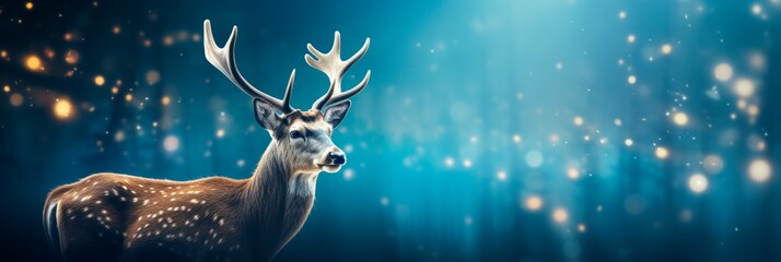 A majestic Christmas festive deer sparkles with lights and snowflakes  in a winter wonderland, banner background xmas card, copy space for text - obrazy, fototapety, plakaty