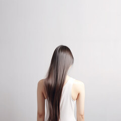 Obraz premium The rear view of a young woman with sleek, silver long hair, photographed in a studio with a white background and professional lighting. Generative AI.