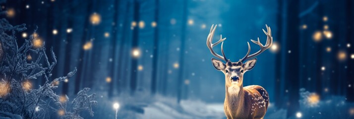 A majestic Christmas festive deer sparkles with lights and snowflakes  in a winter wonderland, banner background xmas card, copy space for text