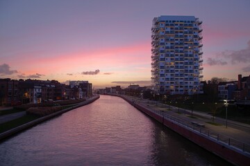 K Tower during the sunset in the evening in Kortrijk, Belgium