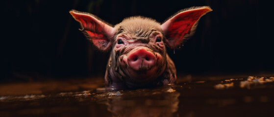 Happy as a pig in mud, pink piglet all smiles and joyful being as dirty as possible and head deep in muck - closeup portrait farm animal.