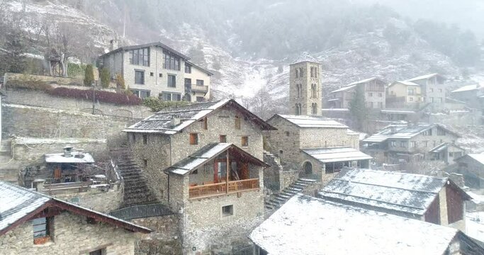 Saint Clement's Church in Pal, La Massana, Andorra. Winter. Aerial