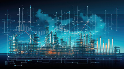 Petrochemical factory equipped with storage tanks, the backbone of energy infrastructure. Industrial technology in energy production and oil demand price chart concepts. Wide banner with copy space. - obrazy, fototapety, plakaty