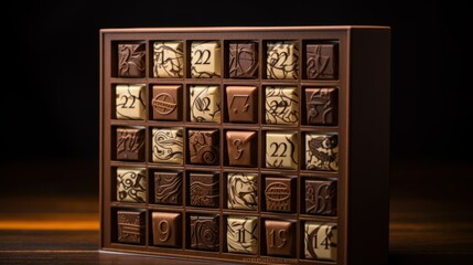 Advent calendar Chocolate candies blocks with numbers. Countdown to Christmas. Christmas gift collection for Chocolate gourmand. Xmas Tea Advent Calendar 24 Days - obrazy, fototapety, plakaty