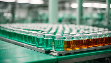 A row of bottles on the conveyor belt of a pharmaceutical factory. Generative AI art
