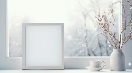 Minimal white winter indoor decor. Blank wooden picture frame mockup and flowers in vase on window with white winter trees landscape.