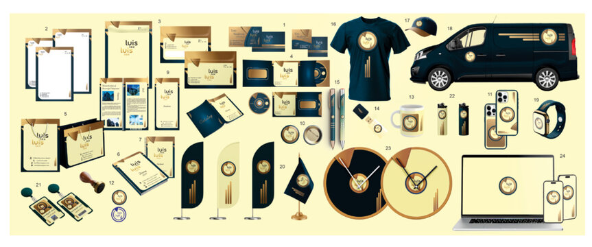 Illustration of golden luxury corporate identity template design. Business stationery: Business card - Letterhead - Envelope - Digipack- Shopping bag - Catalog - Brochure - Phone case- Mug - Cover ...